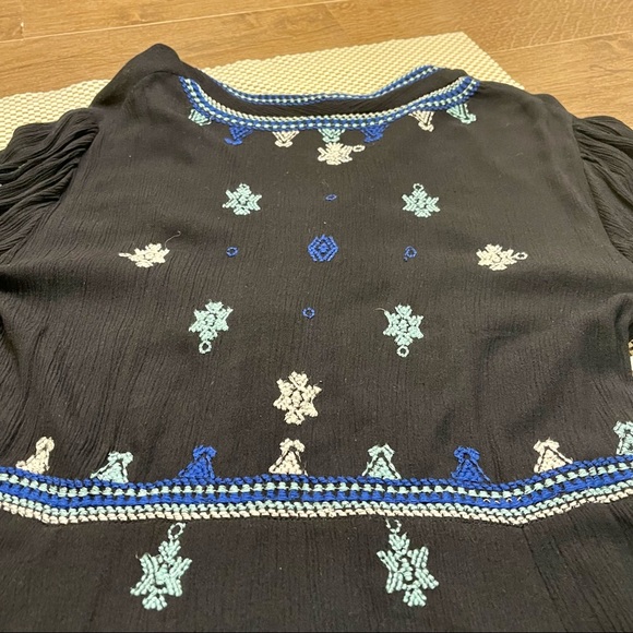 Free People Star Gazer Embroidered Peasant Mini Black Dress Size Small - Picture 6 of 9